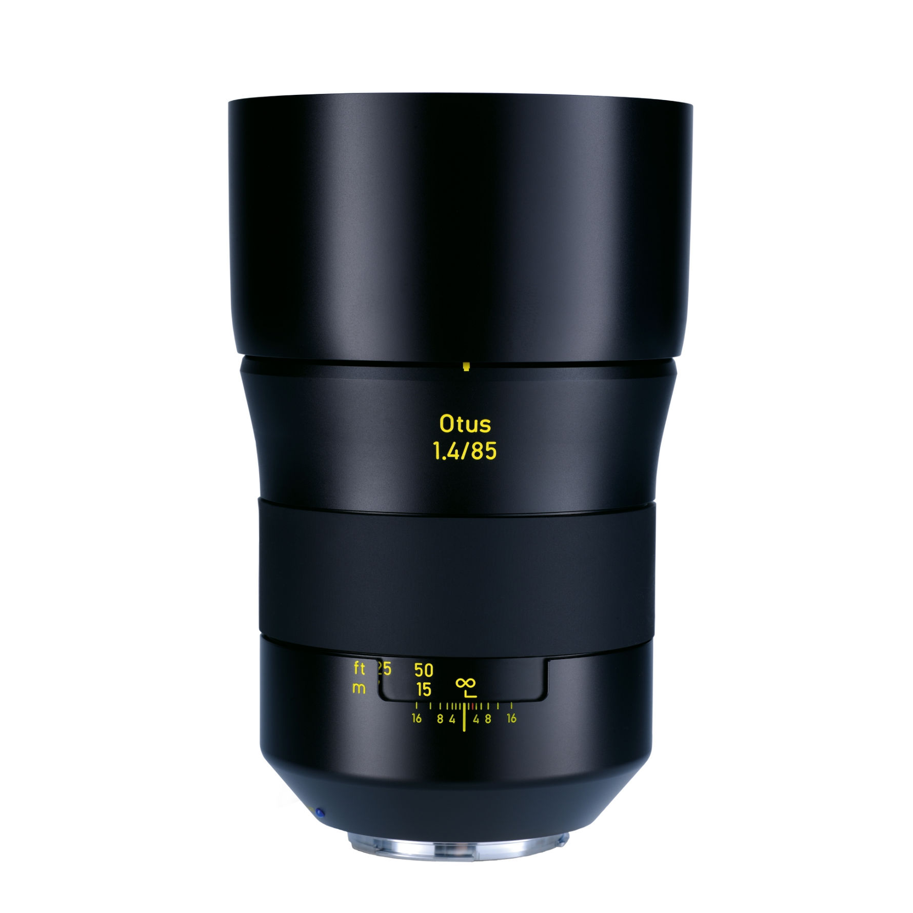 A ZEISS Otus 1.4/85 camera lens with a sleek black finish and yellow distance markings is shown upright on a white background.