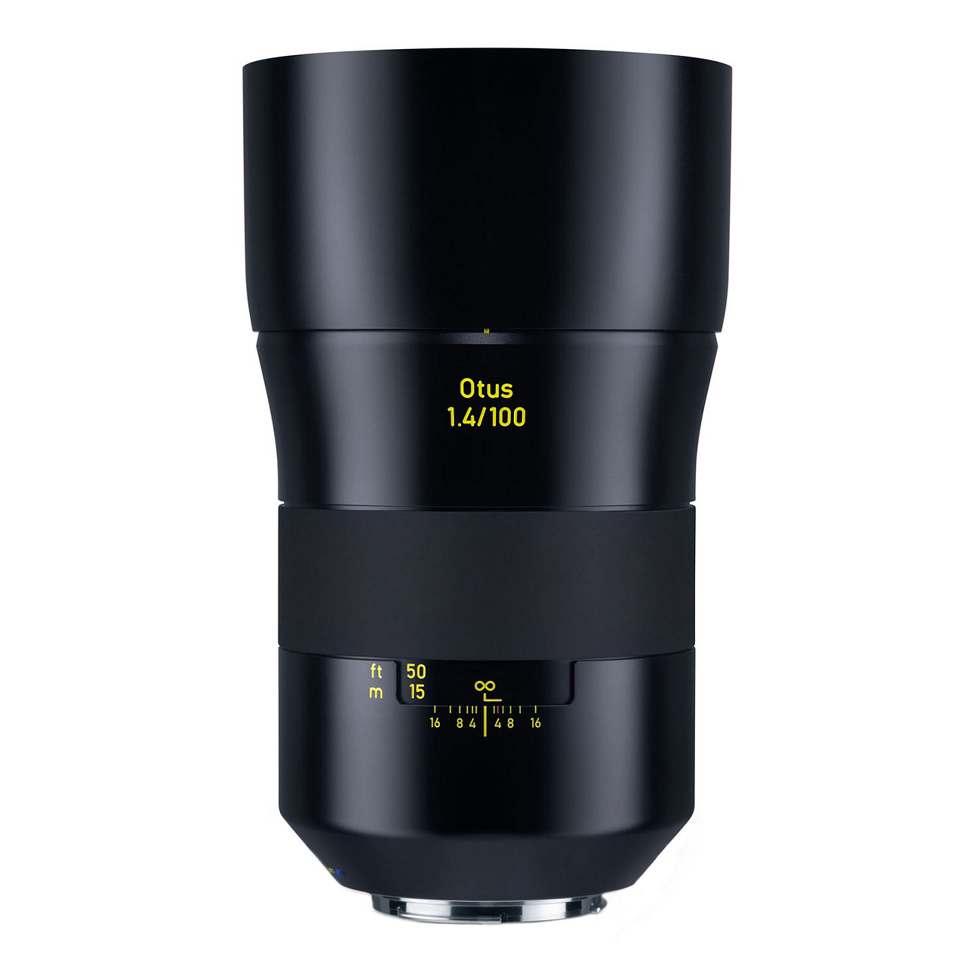 Front view of a ZEISS Otus 1.4/100 camera lens with visible focus and aperture markings.