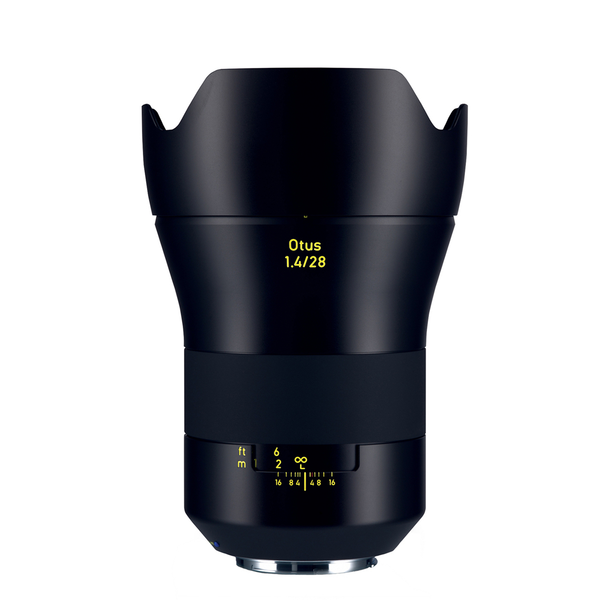 Front view of a ZEISS Otus 1.4/28 camera lens with a black matte finish and yellow focal length markings.