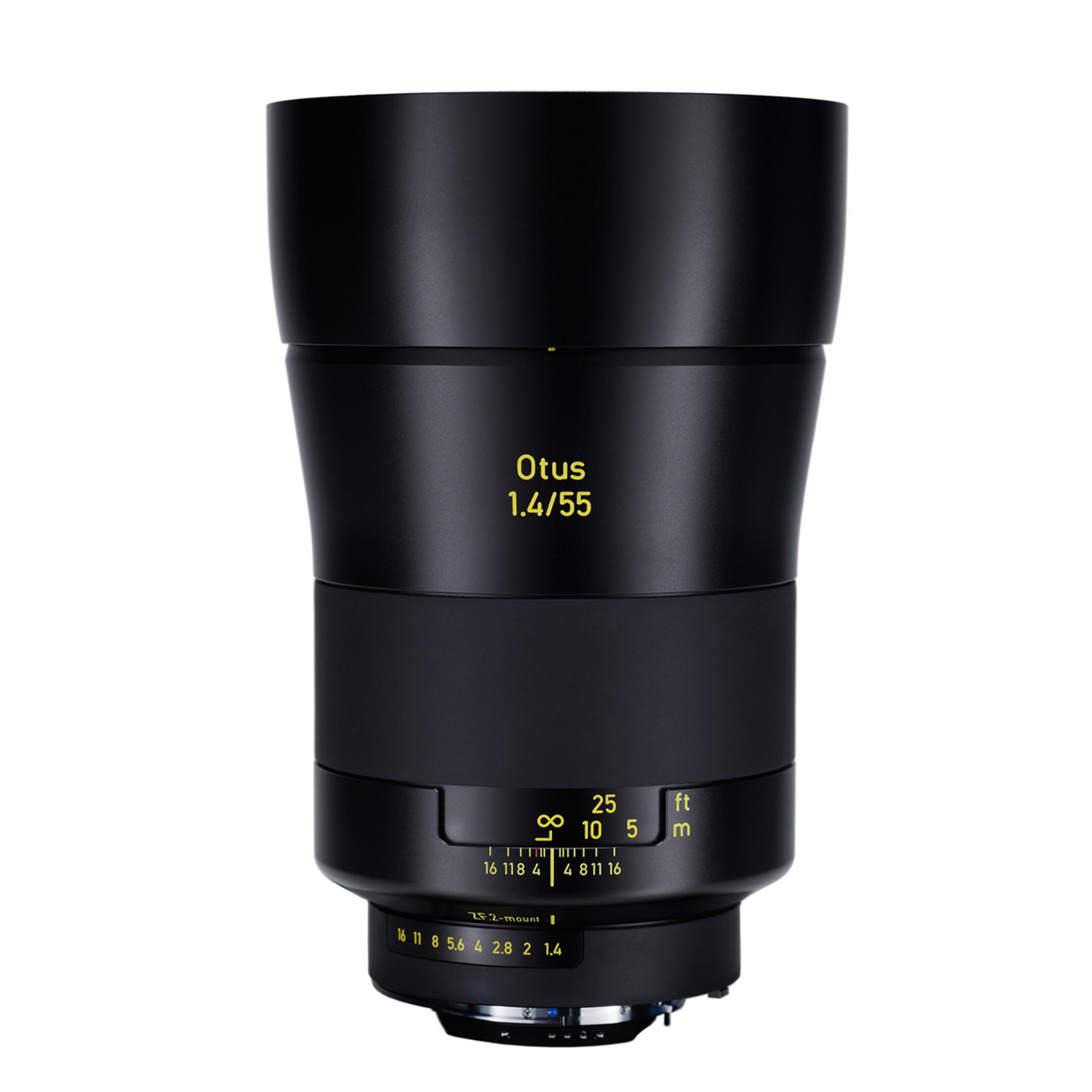 Black ZEISS Otus 1.4/55 camera lens with yellow markings and detailed focus and aperture scales.