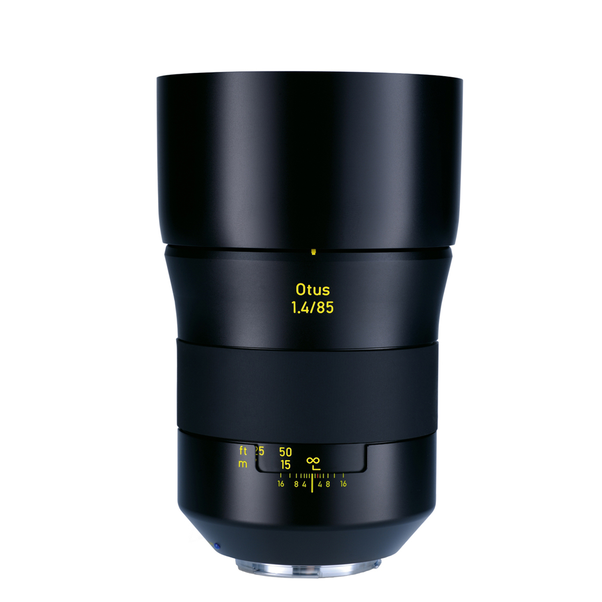 Black ZEISS Otus 1.4/85 camera lens with yellow focus distance markings on a white background.