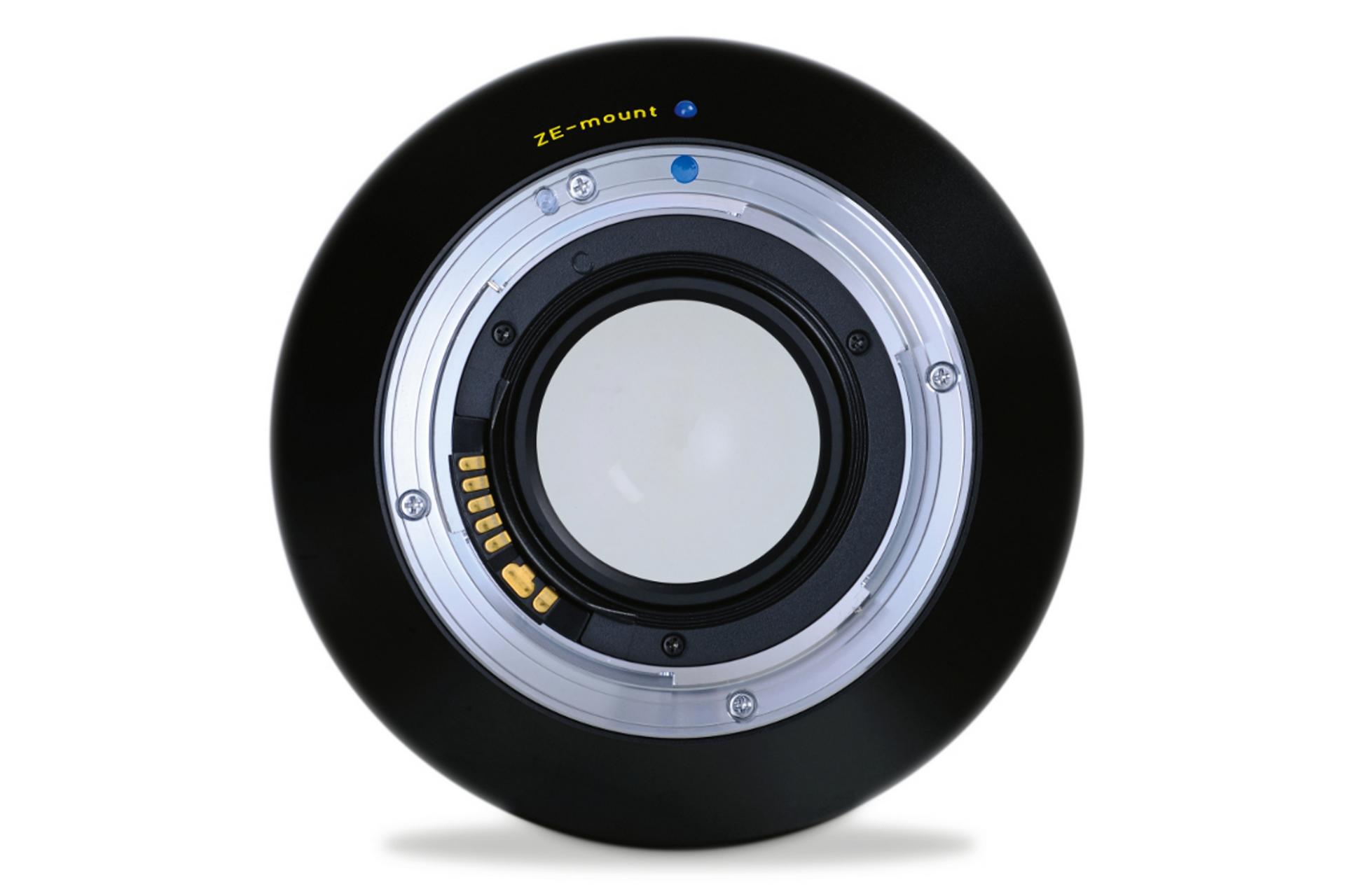 Rear view of a ZEISS camera lens with visible electronic contacts and ZF.2 mount labeling.
