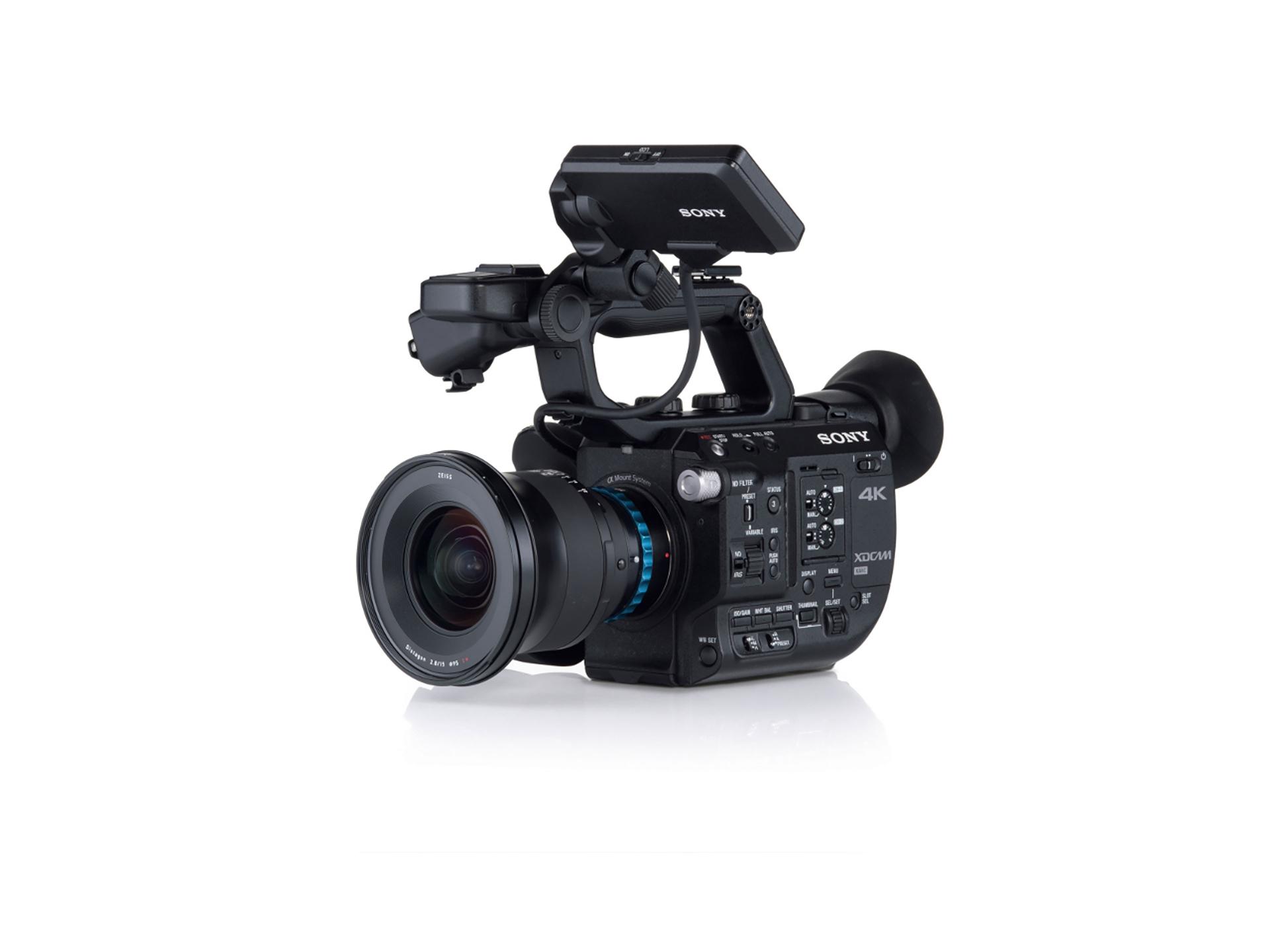 Professional 4K Sony video camera equipped with a ZEISS lens, shown on a white background.