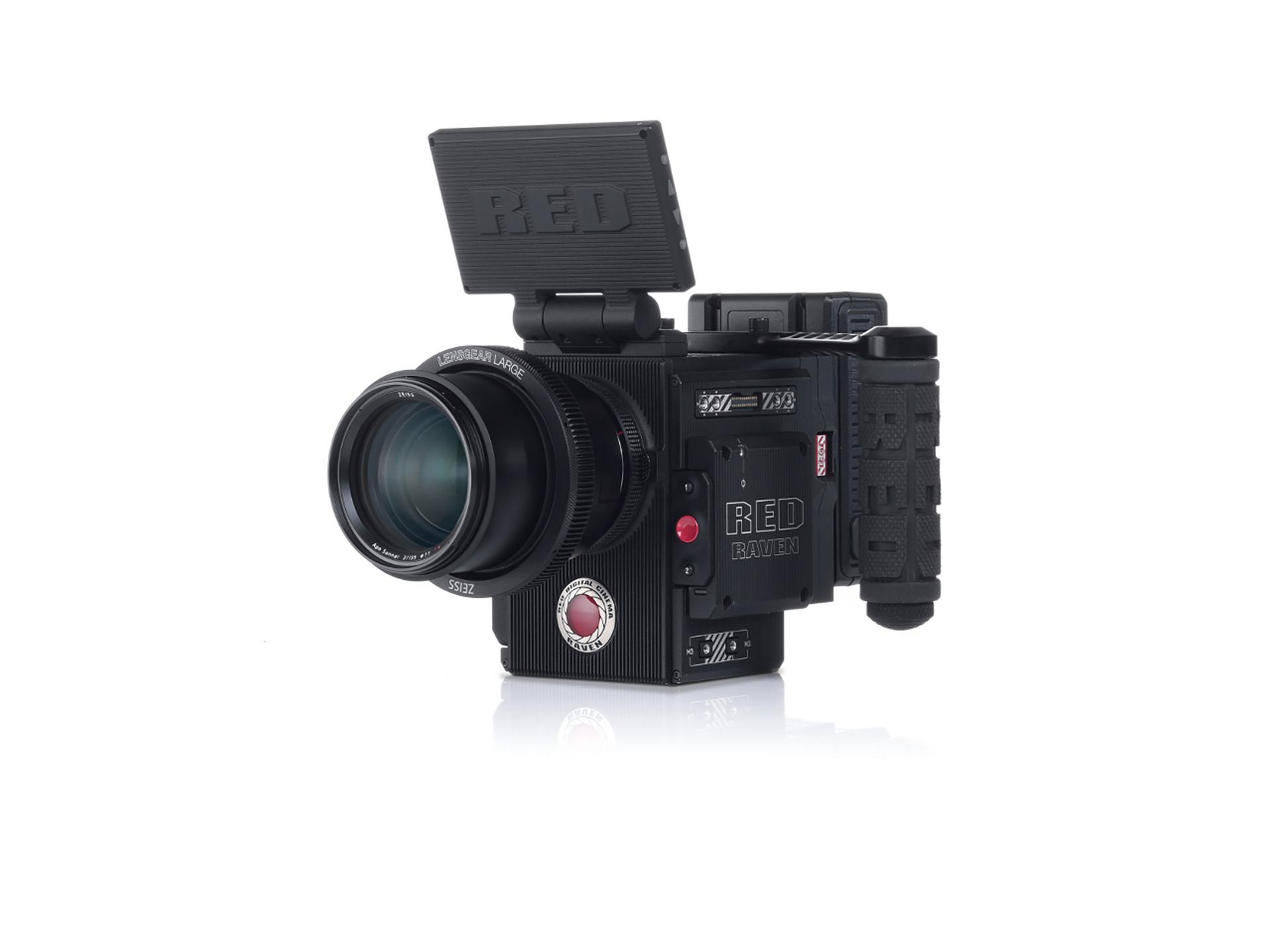 Professional cinema camera equipped with a ZEISS lens, featuring a mounted display screen and ergonomic side handle.