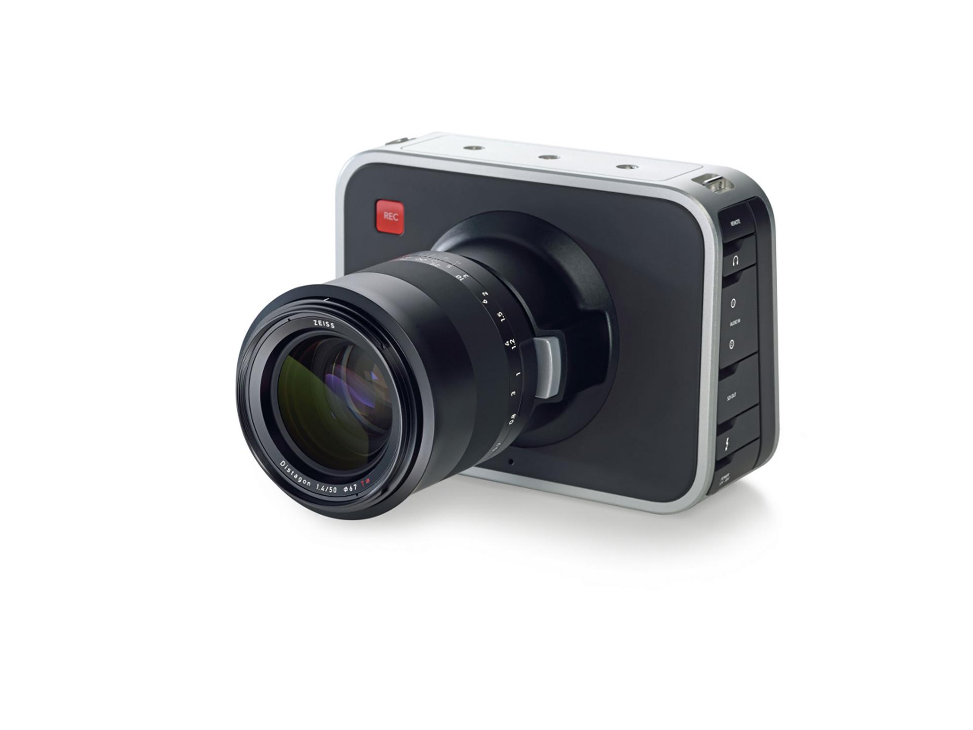 Digital cinema camera equipped with a ZEISS lens, featuring a large display and side control buttons.
