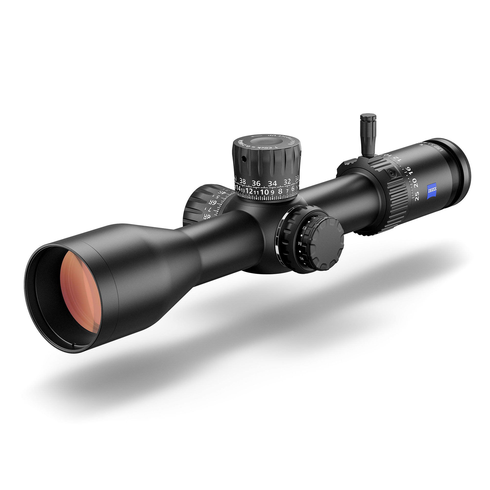 High-quality ZEISS rifle scope featuring precision adjustment dials, a matte black finish, and a compact, durable design.