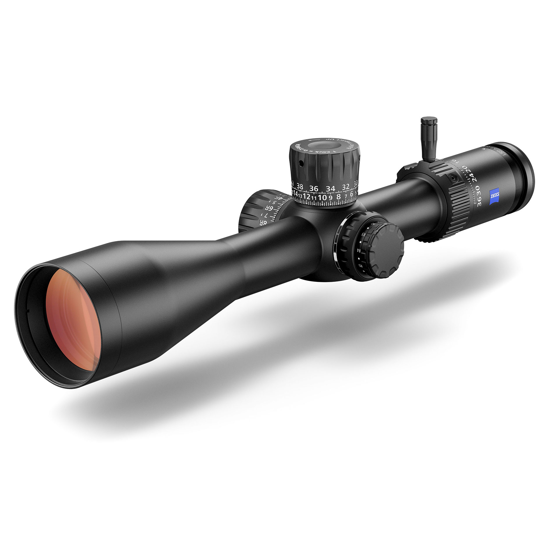 Black ZEISS riflescope with multiple adjustment dials and a red-tinted objective lens.
