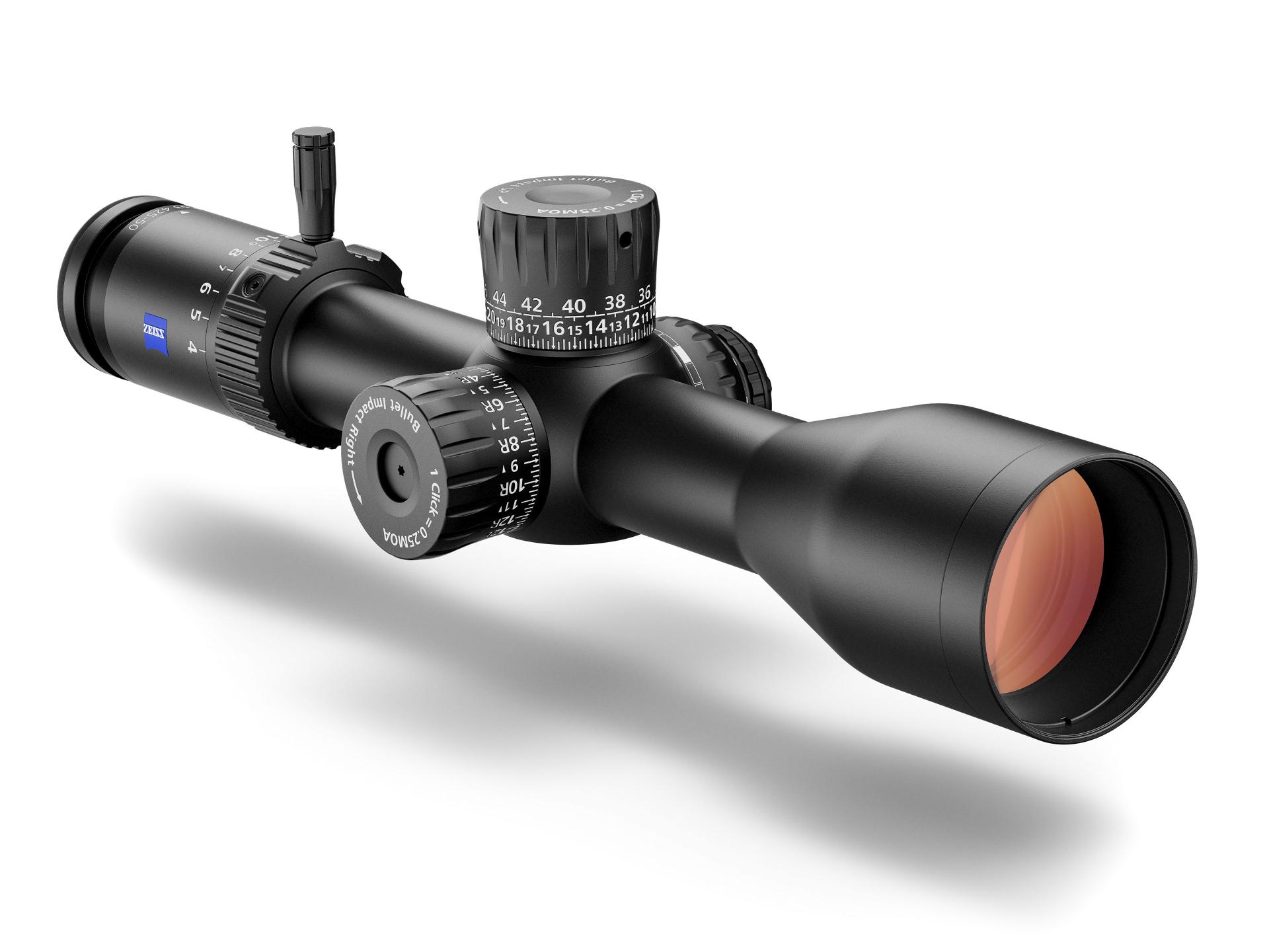 Black ZEISS riflescope with precision adjustment dials and a large objective lens, shown on a white background.