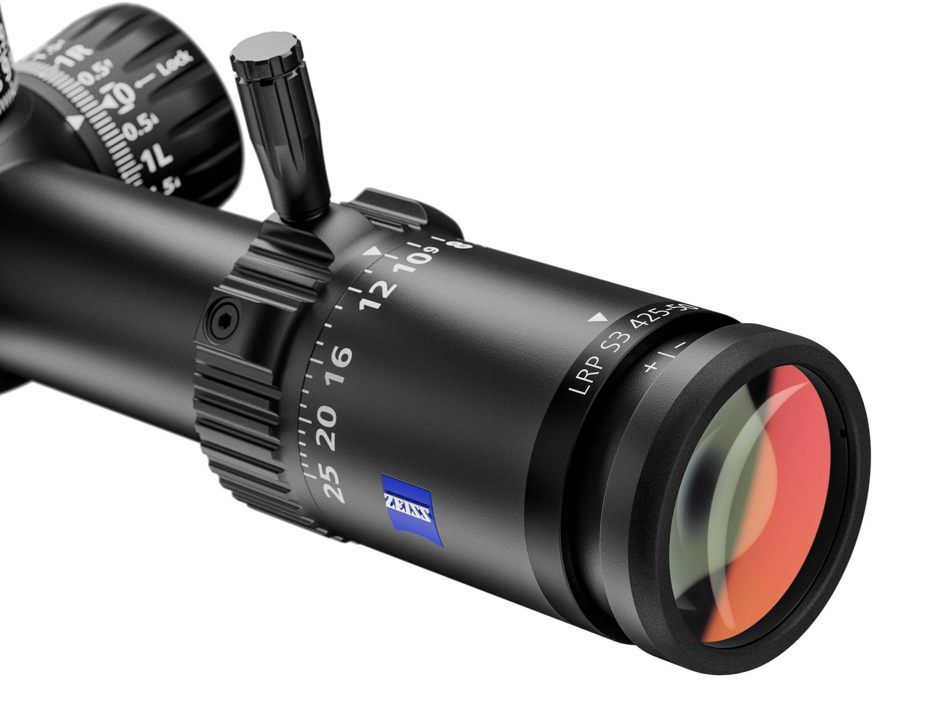 Close-up view of a ZEISS LRP S5 riflescope featuring precision adjustment dials, magnification markings, and a red-tinted lens.