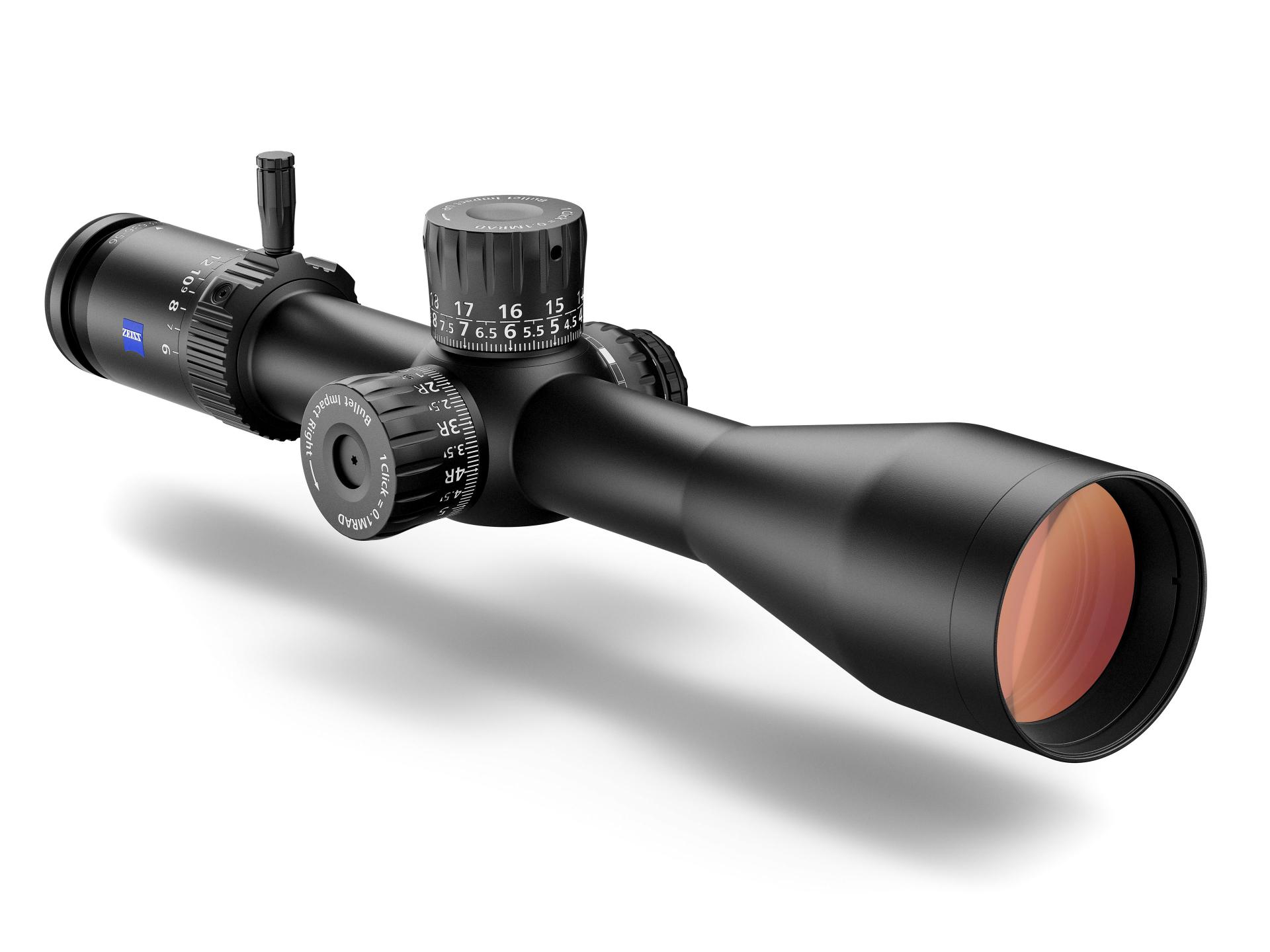 Black ZEISS riflescope with adjustment dials and a large objective lens facing right, displayed on a white background.