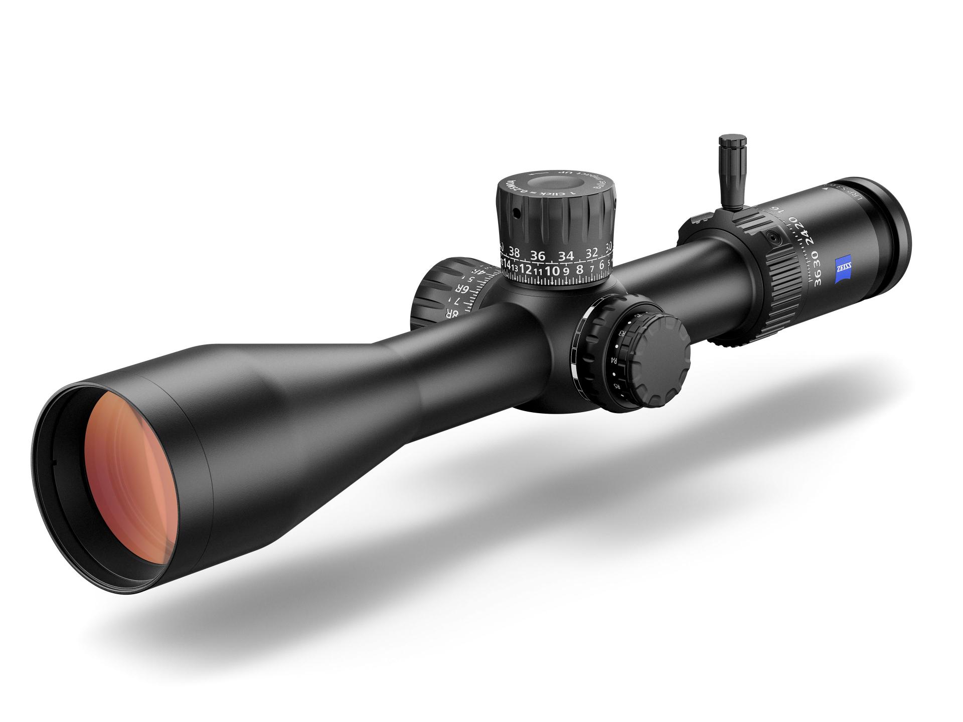 Black ZEISS riflescope with precision adjustment turrets, a side parallax wheel, and an illuminated reticle control knob, shown at a three-quarter angle.