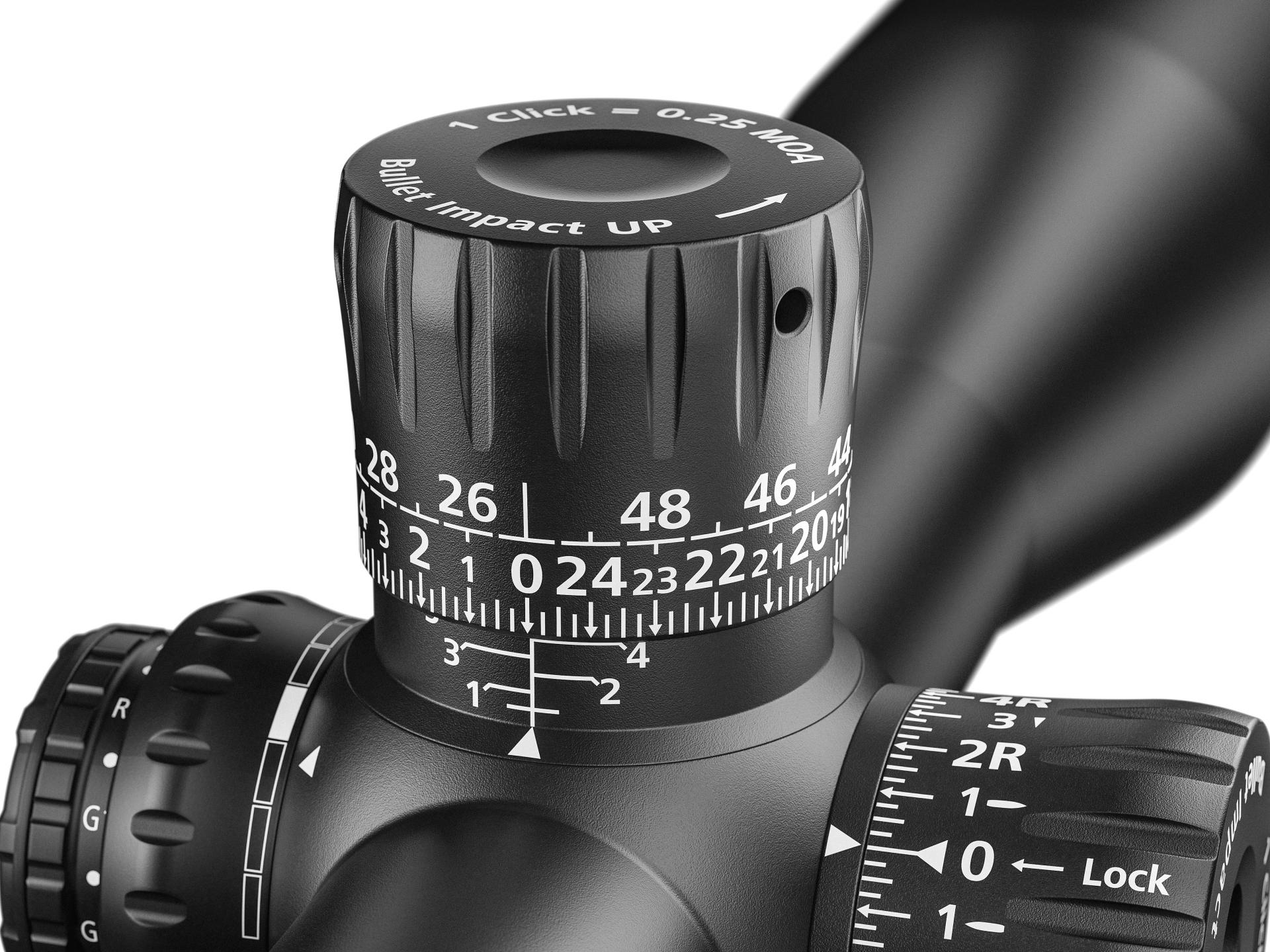 Close-up view of a ZEISS riflescope turret showing precise adjustment markings and control dials.