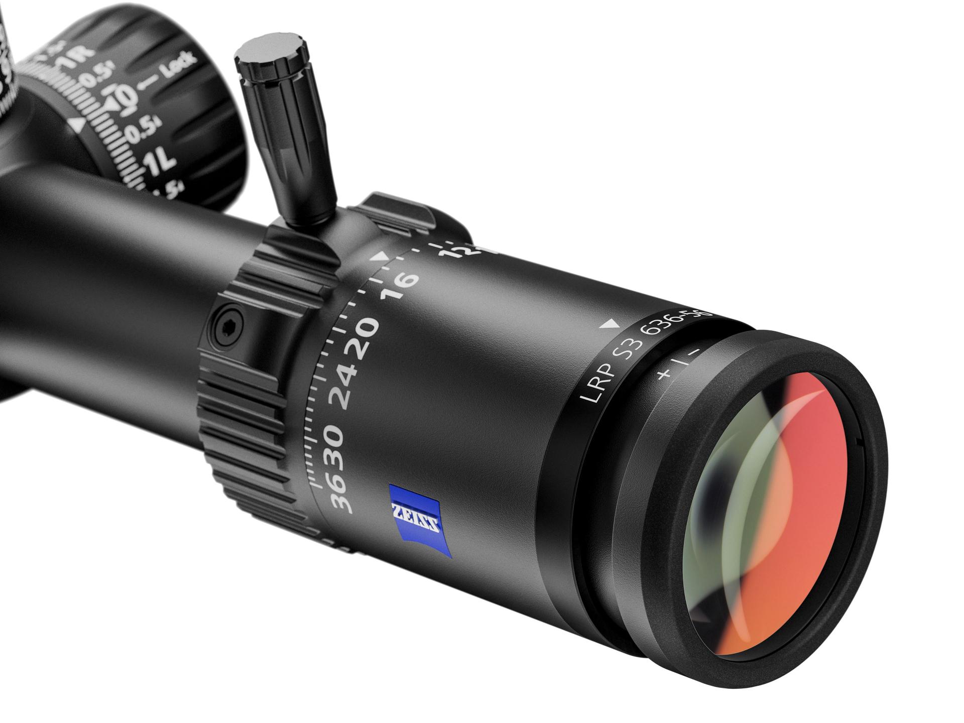 Close-up view of a ZEISS LRP S5 5-25x56 precision riflescope showing detailed adjustment dials, magnification markings, and ZEISS logo.