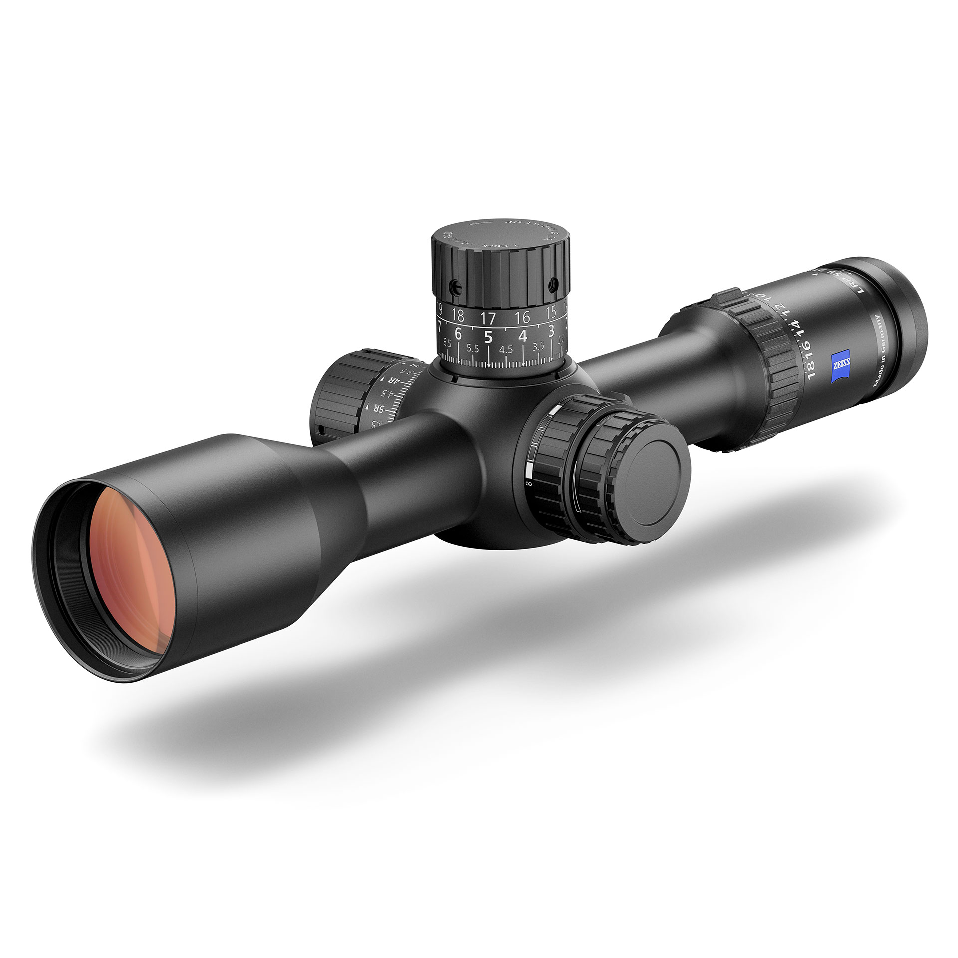 Black ZEISS rifle scope with precision adjustment dials and a red-tinted objective lens, displayed on a white background.