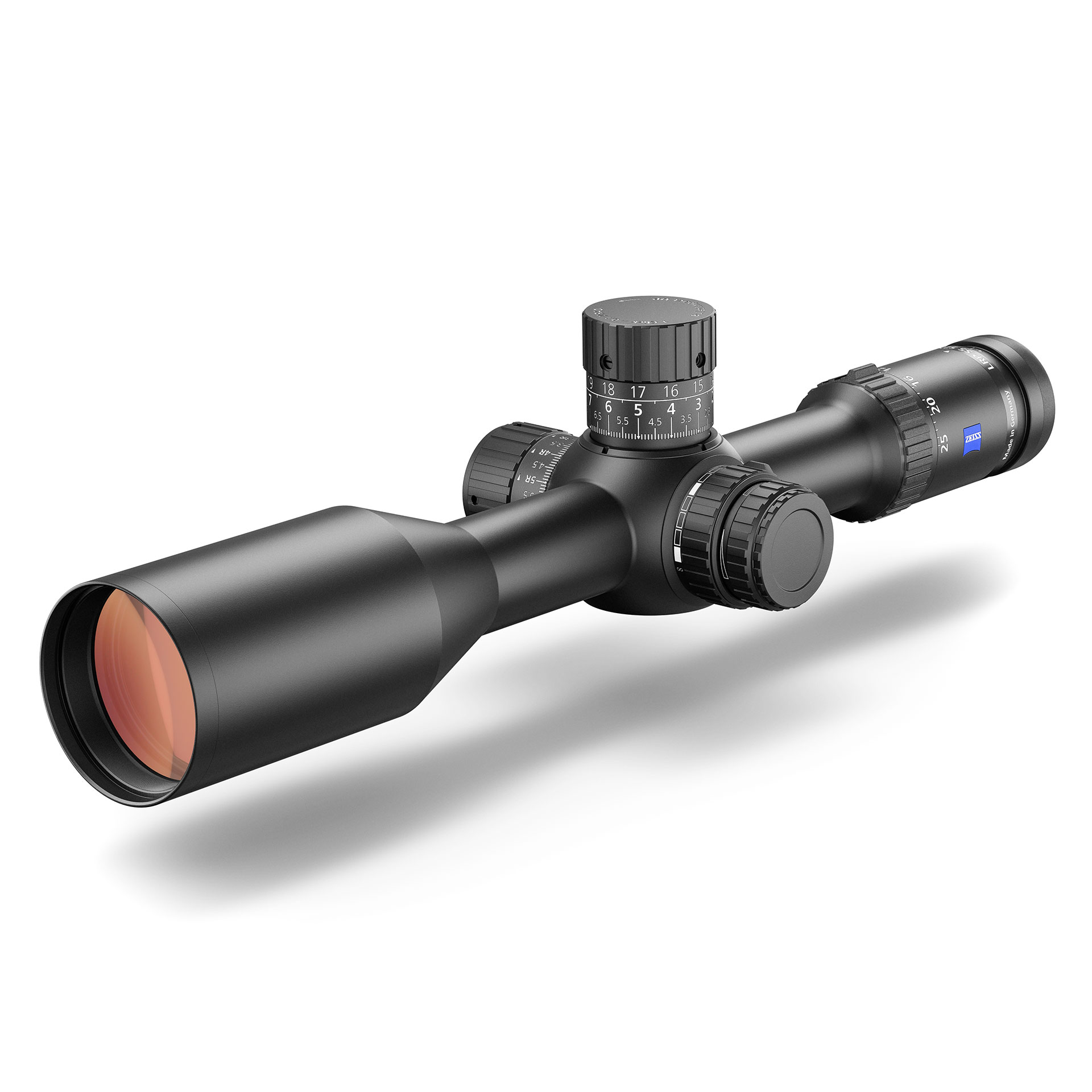 Black ZEISS riflescope featuring multiple adjustment dials, a large objective lens, and the ZEISS logo near the eyepiece.