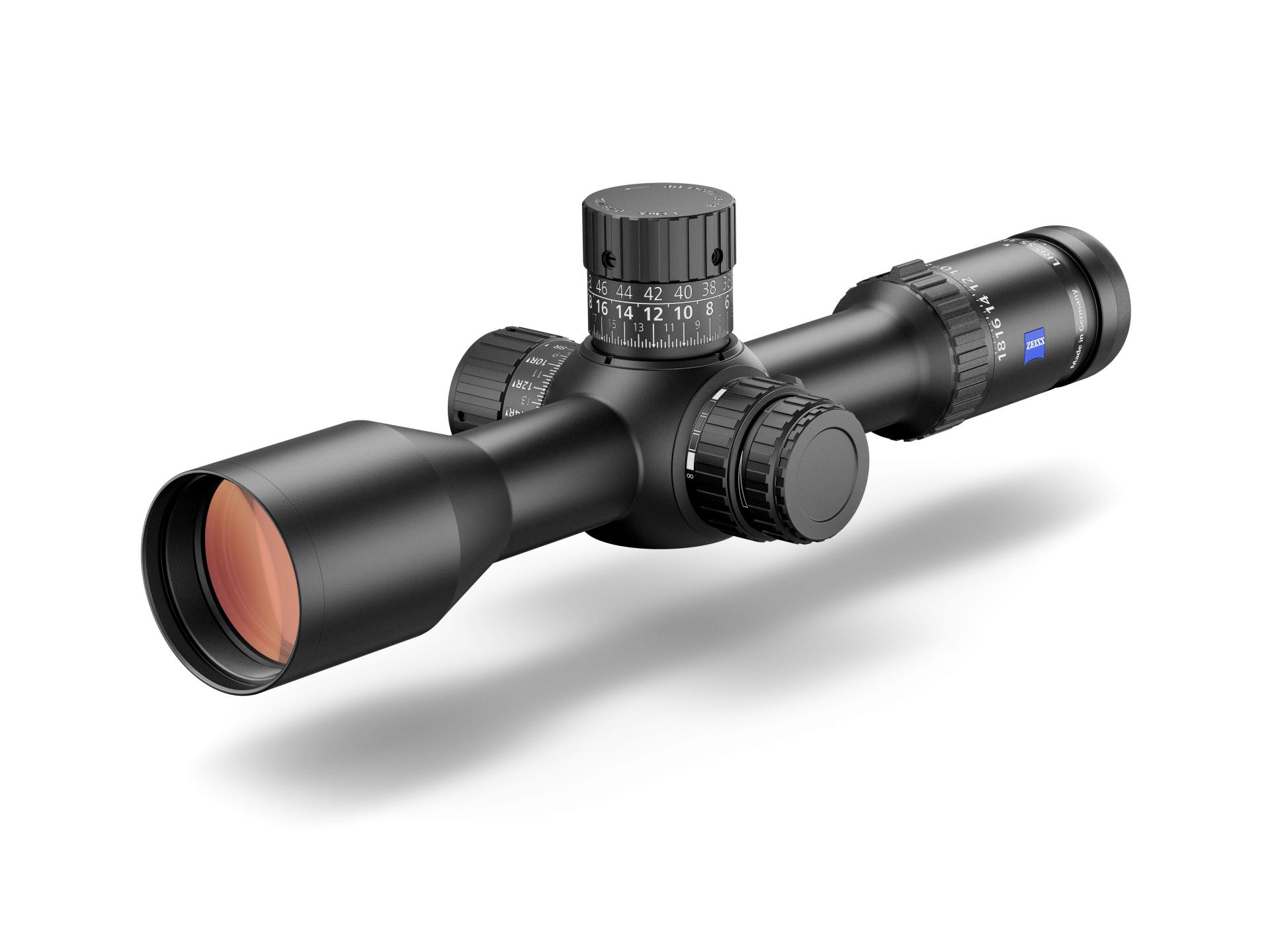 Black ZEISS riflescope with precision adjustment turrets, red-tinted objective lens, and ZEISS logo on the eyepiece.