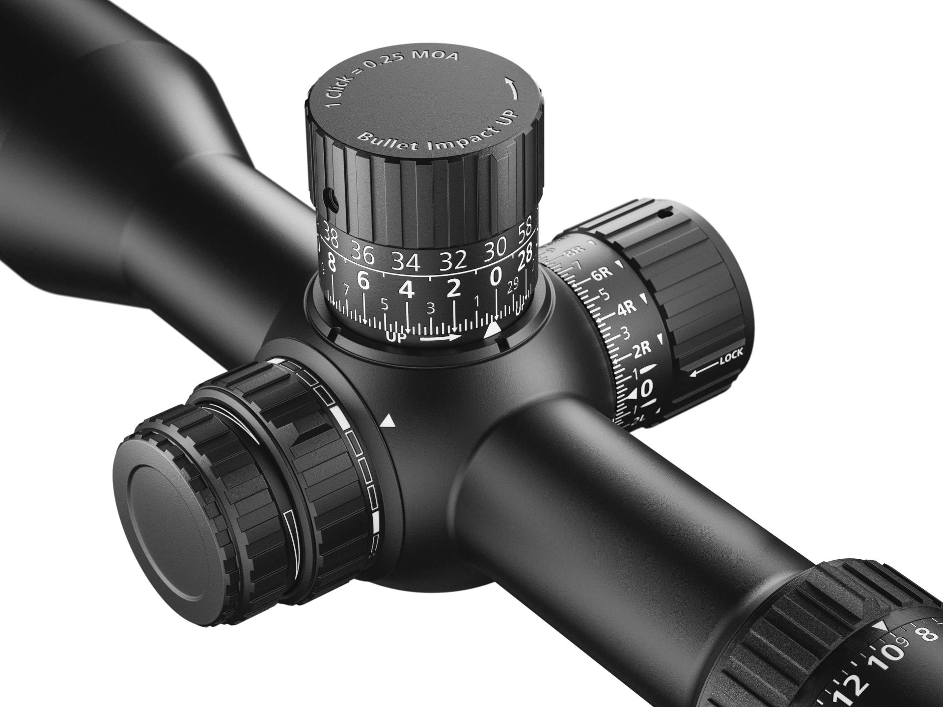 Close-up view of a ZEISS riflescope showing detailed adjustment turrets for windage, elevation, and parallax.