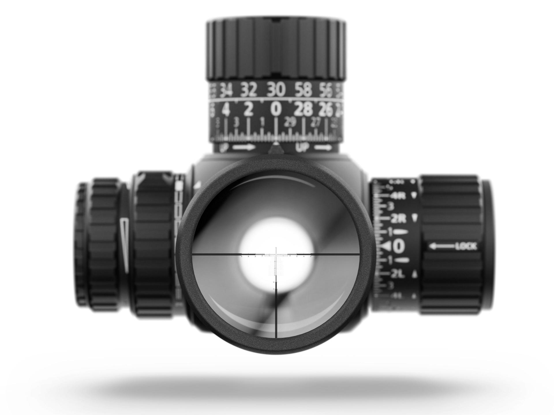 Front view of a ZEISS riflescope showing detailed adjustment dials and a clear reticle through the lens.