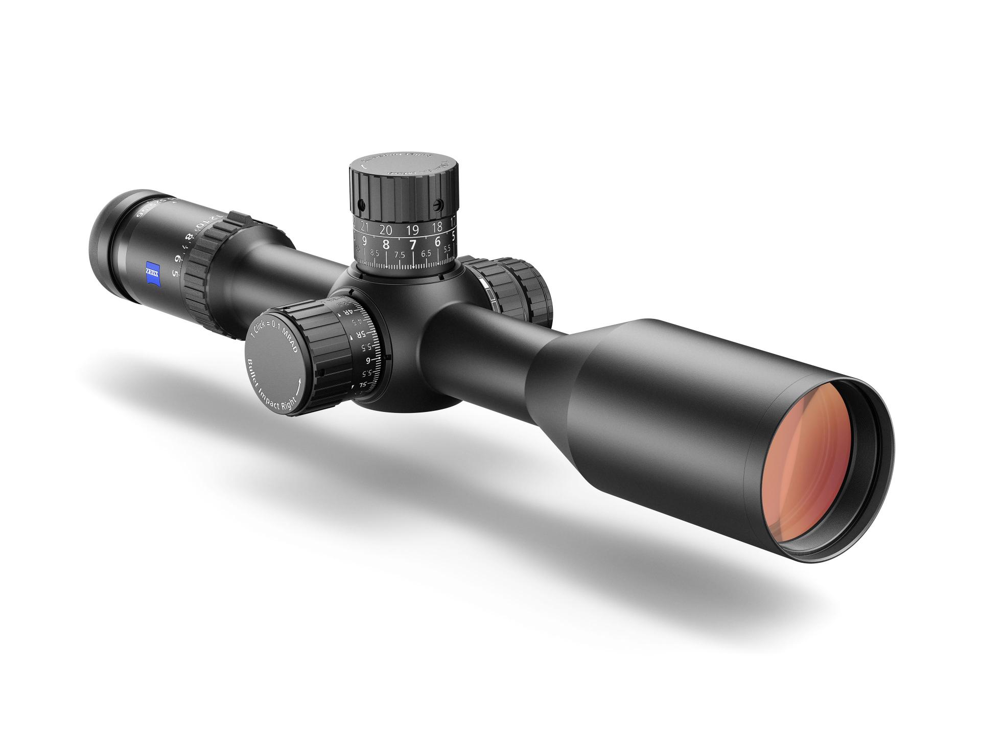 Black ZEISS rifle scope with precision adjustment dials and a red-tinted objective lens, displayed on a white background.