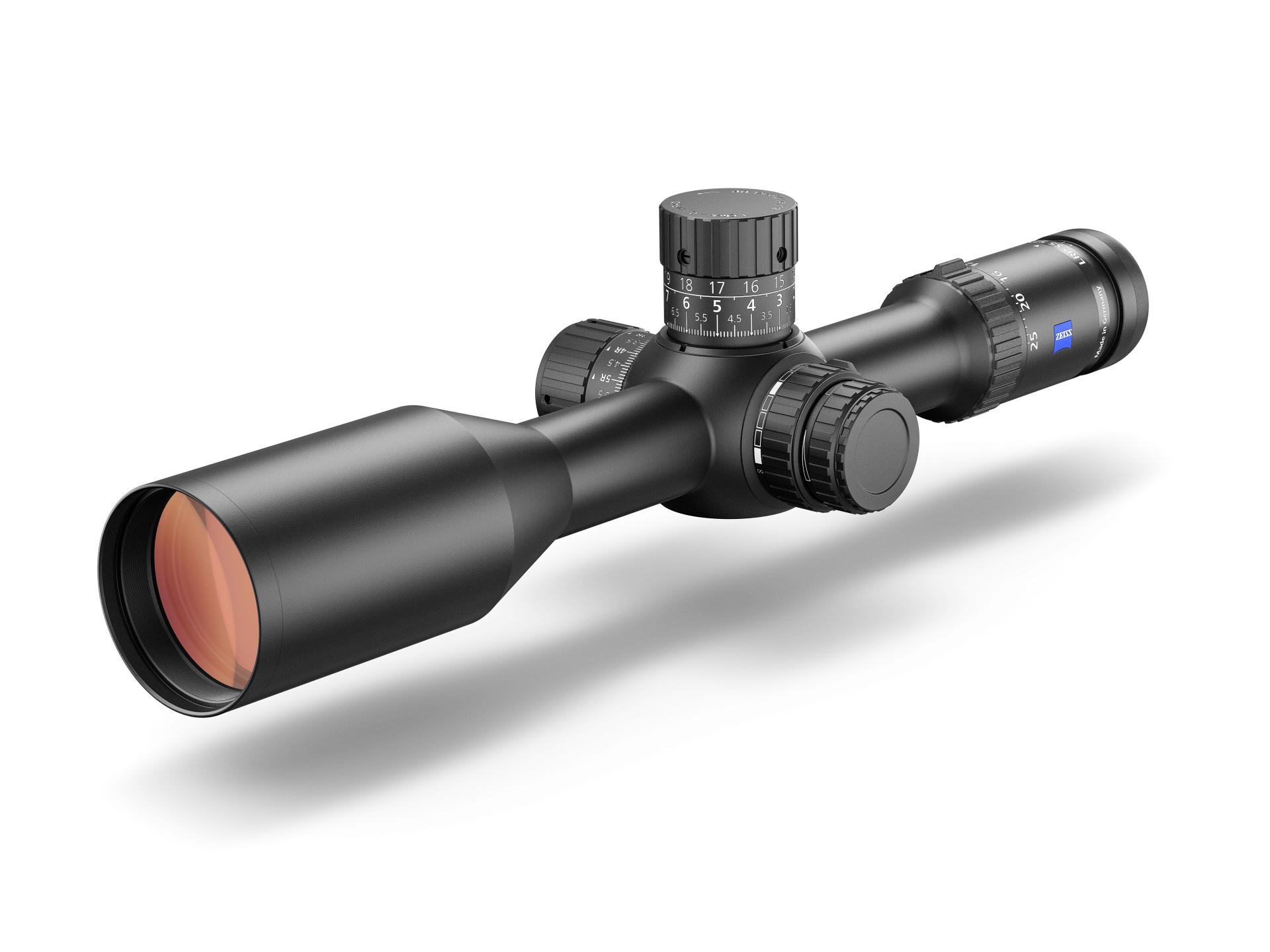 Black ZEISS riflescope with precision adjustment turrets and a large objective lens, shown on a white background.