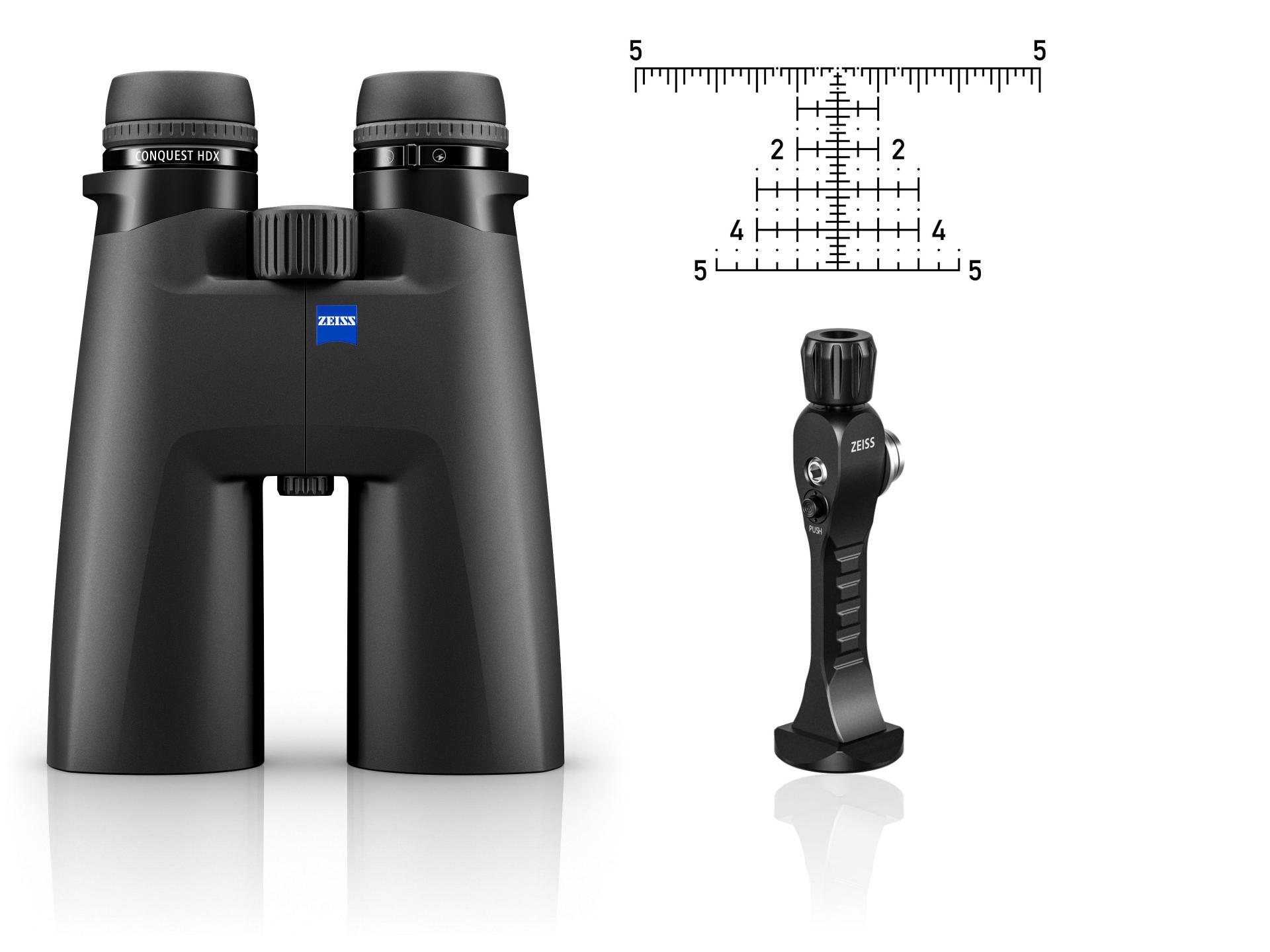 Black ZEISS binoculars shown with a measurement scale and an adjustment tool on a white background.