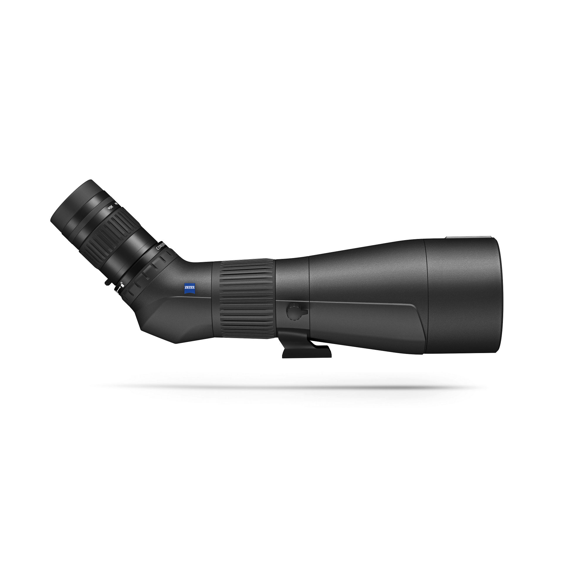 Angled view of a black ZEISS spotting scope with a large objective lens and red lens coating.