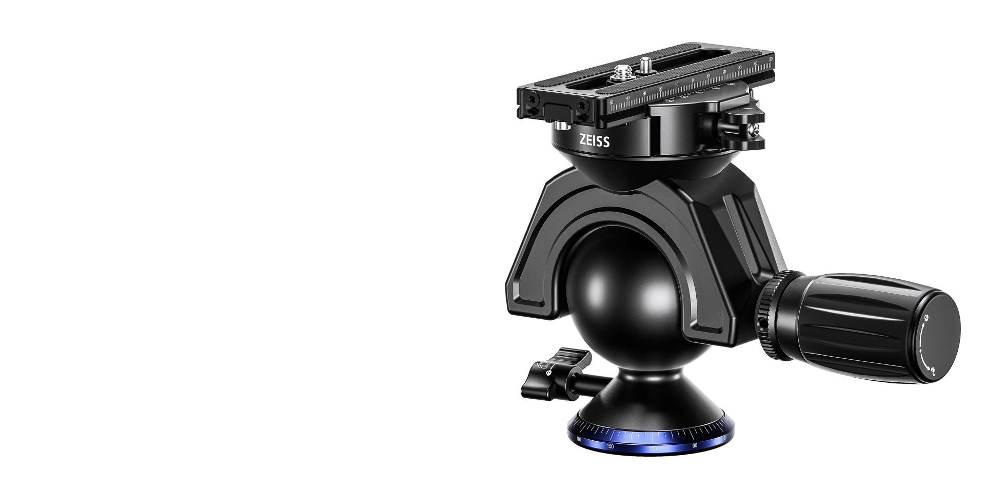 Black ZEISS tripod ball head with adjustable knobs and mounting plate, displayed on a white background.