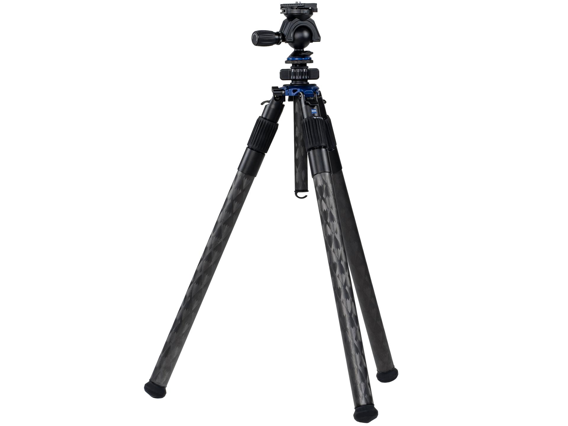 Carbon fiber tripod with adjustable legs and a fluid pan head, designed for professional camera support, shown on a white background.