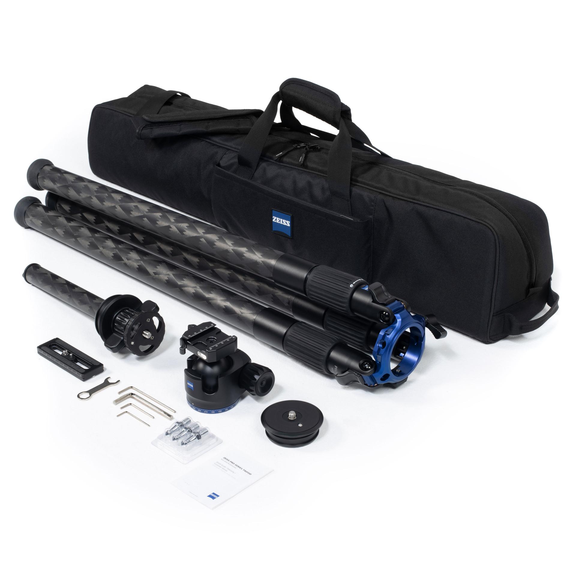 Professional ZEISS tripod kit including carbon fiber tripod, fluid head, carrying case, quick-release plate, handle, tools, and accessories, all neatly arranged on a white background.