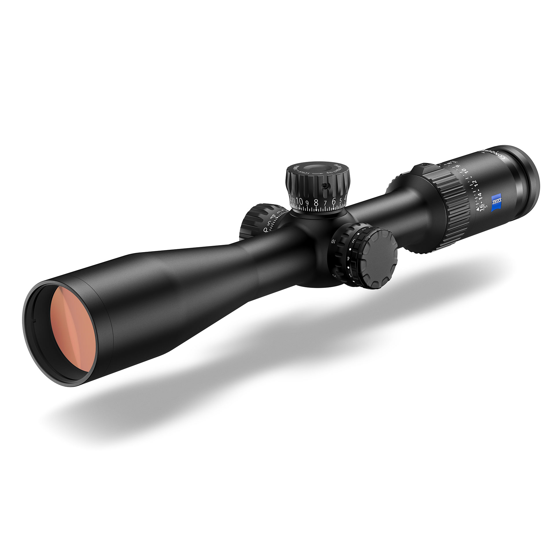 Black ZEISS riflescope with multiple adjustment knobs and a matte finish, designed for precision aiming.