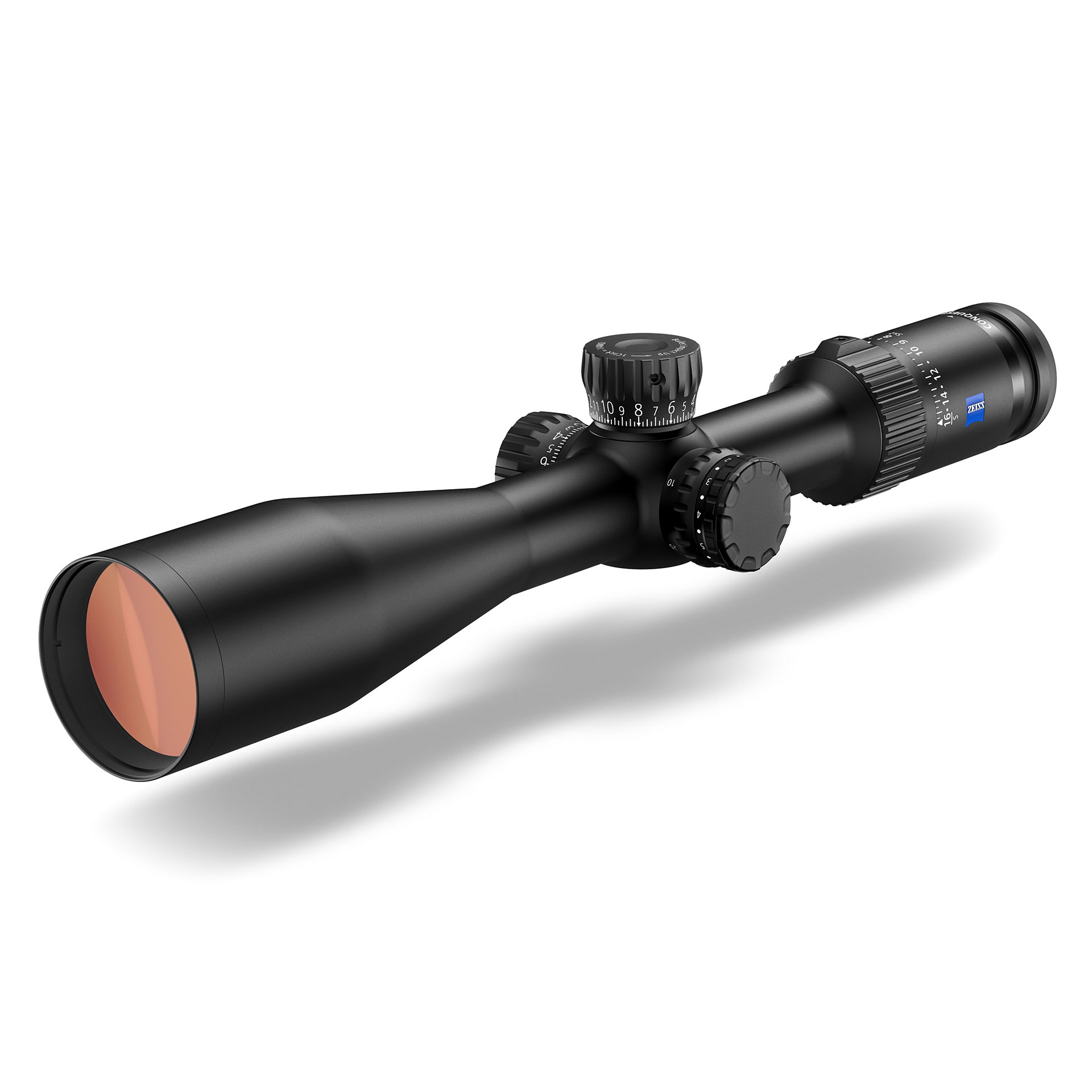 Black ZEISS riflescope with multiple adjustment knobs and a red-tinted objective lens, shown against a white background.