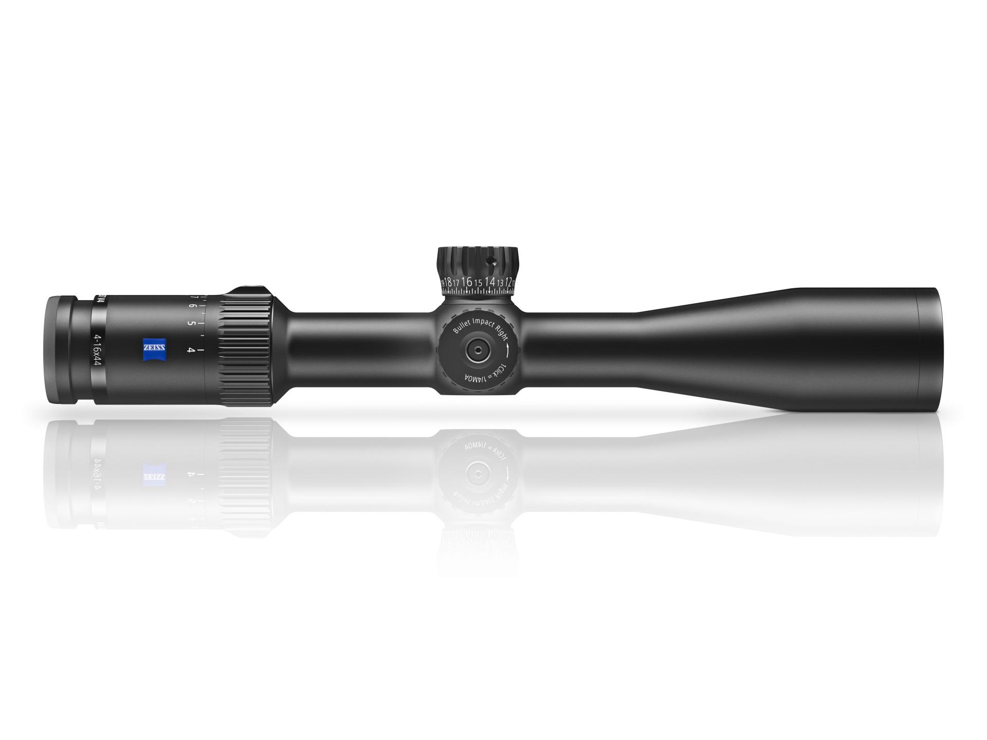 Side view of a black ZEISS riflescope with adjustment turret and ZEISS logo near the eyepiece.