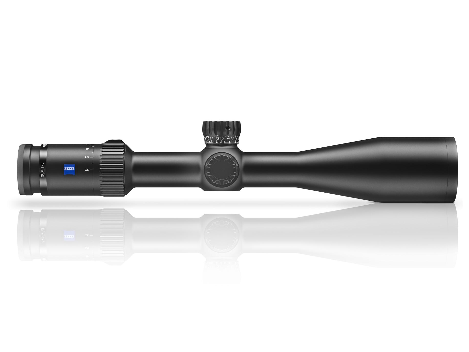 Black ZEISS riflescope with a magnification adjustment ring, elevation and windage turrets, and ZEISS logo displayed on the side.