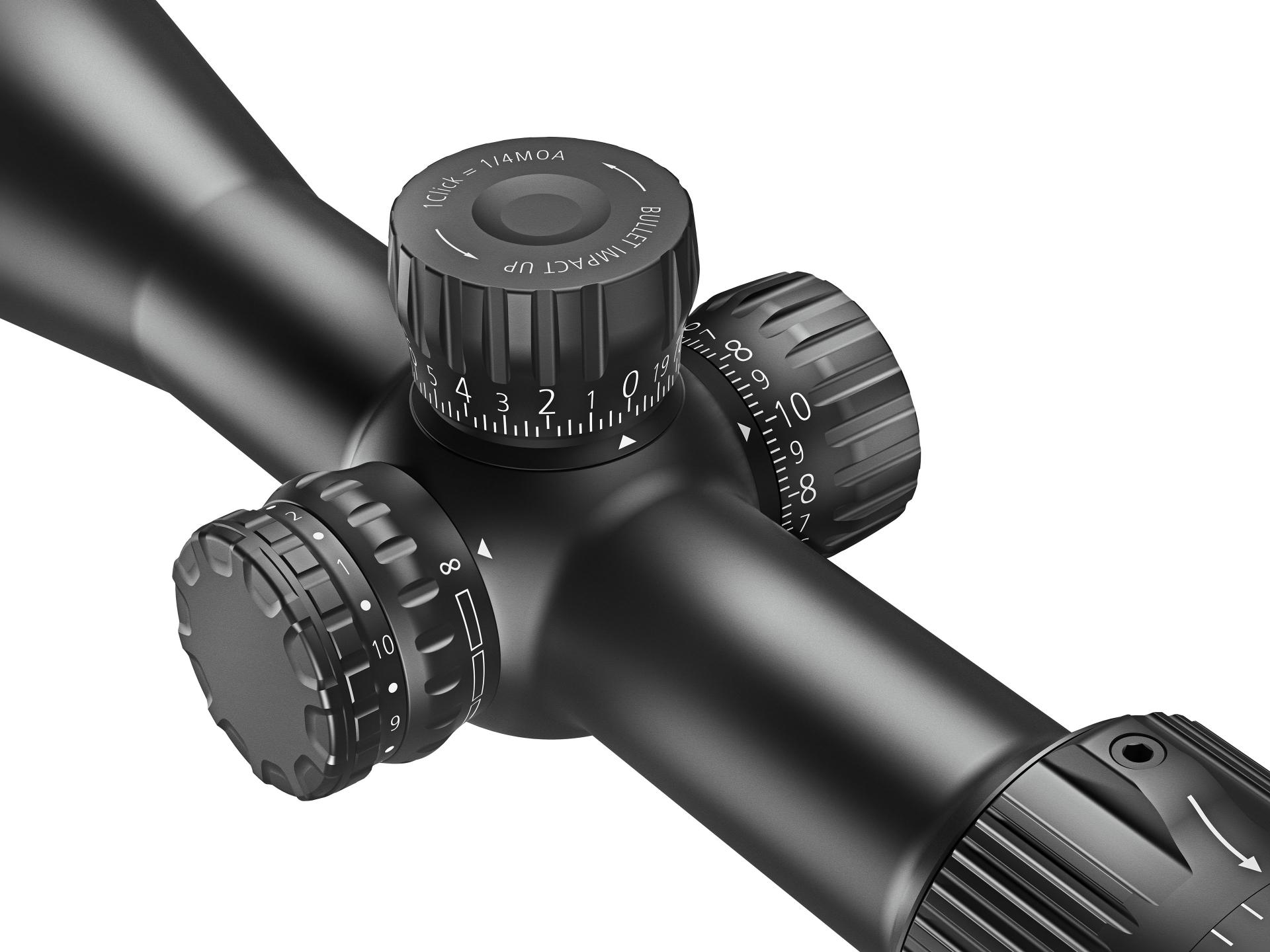 Close-up view of a ZEISS riflescope showing detailed adjustment dials and precision markings.