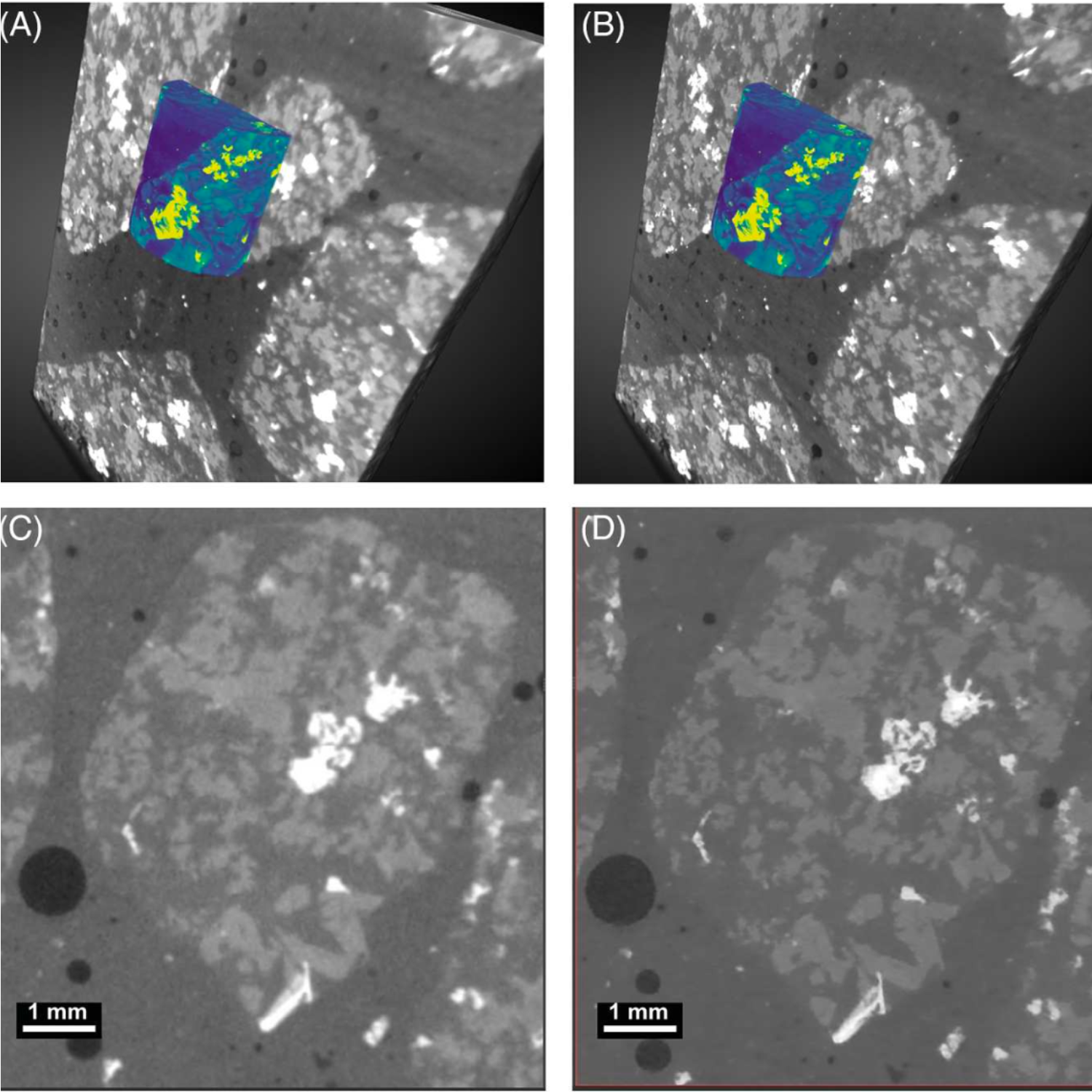 Upscaling of internal 4×ROI 5 µm voxel size scan data to larger field of view 0.4 ×28 µm voxel size scan in dolerite concrete (sample 3). Internal tomography of targeted ROI scan shown in bright colours in A and B. Using DeepScout improves the contrast between different constituents, the visibility and identification of small grains within the matrix, and the outline and features within high-density grains (C and D).