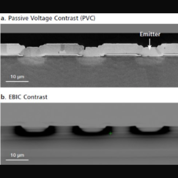 Comparison of implant profiles using voltage contrast using SE image (a) to junction regions imaged using EBIC (b) is combined as an overlay
