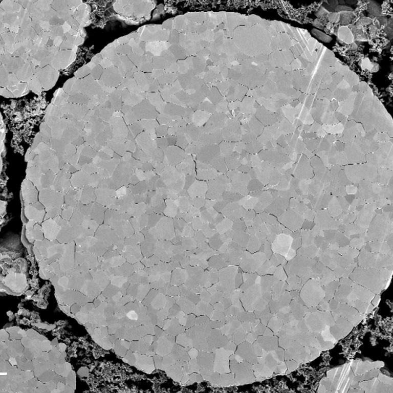 NCM622 cathode particles after 500 charge cycles, from a conventional lithium ion battery, imaged at 1 kV with Inlens SE detector.