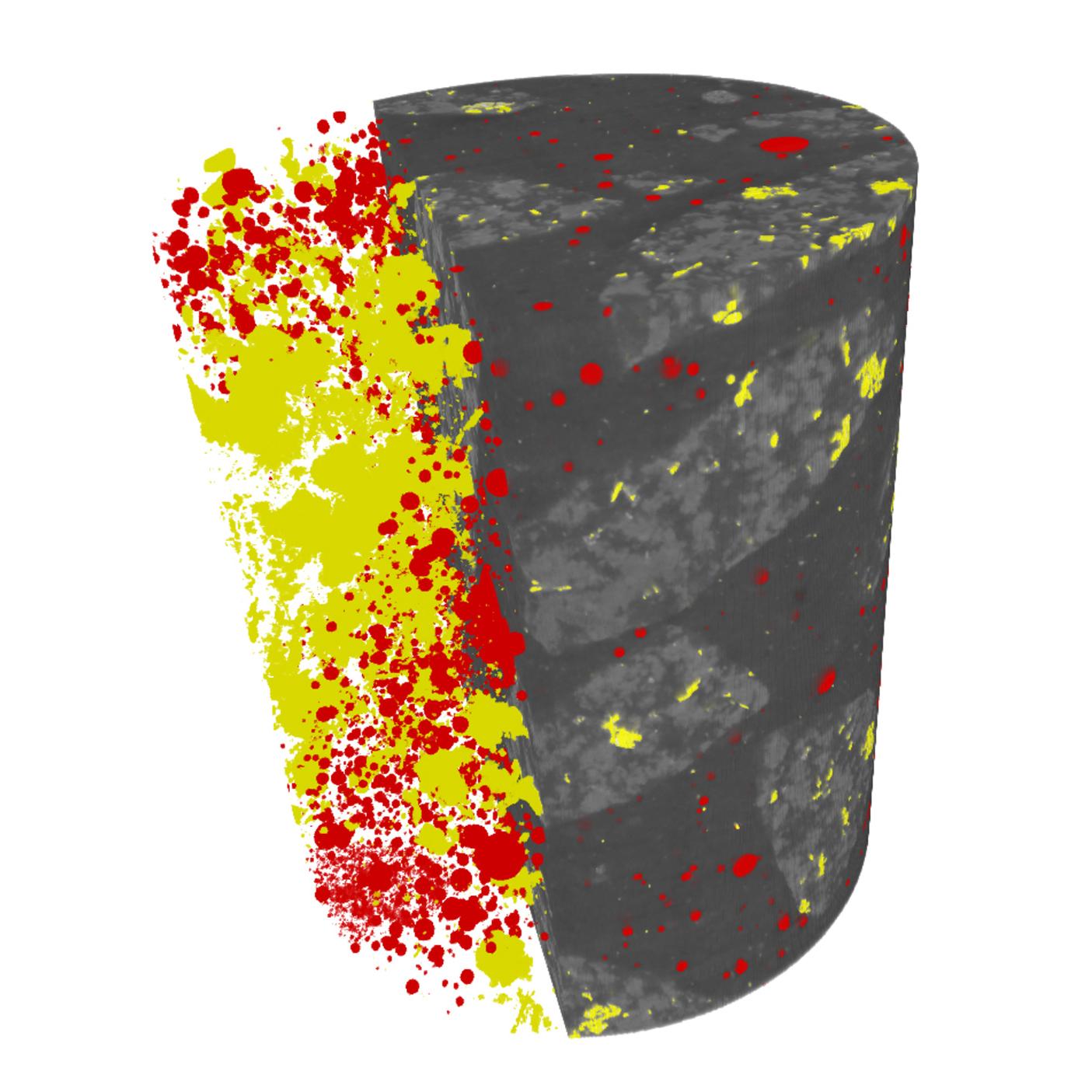 3D view shows segmentation of pores (red) and high-density minerals titanomagnetite and ilmenite (yellow) in chips of dolerite within concrete
