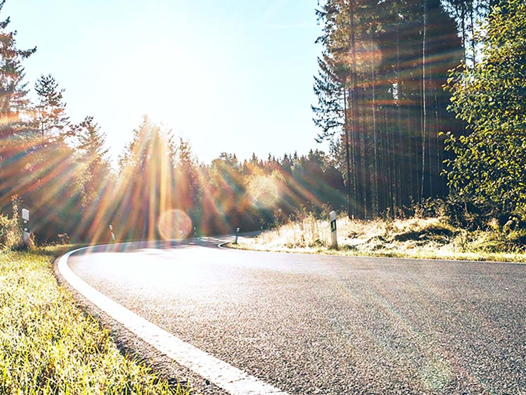 A slider image where one half shows a road in the woods with bright light from a sun, and the other half showing the same road with reduced glare and increased contrast, emphasising the effect of polarised sunglass lenses.