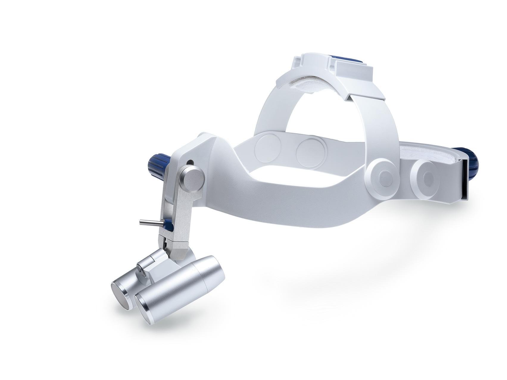 ZEISS Head-worn Loupes with adjustable headband. The teleloupe system is mounted via a swivelling attachment.