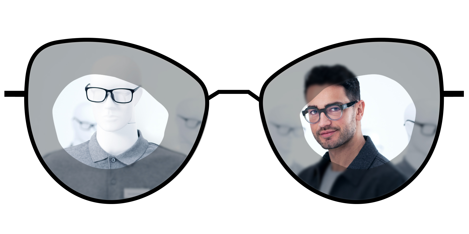 Glasses illustration showing the blurry zones of standard single vision lenses in comparison to the large clear zones of ZEISS ClearView single vision lenses.