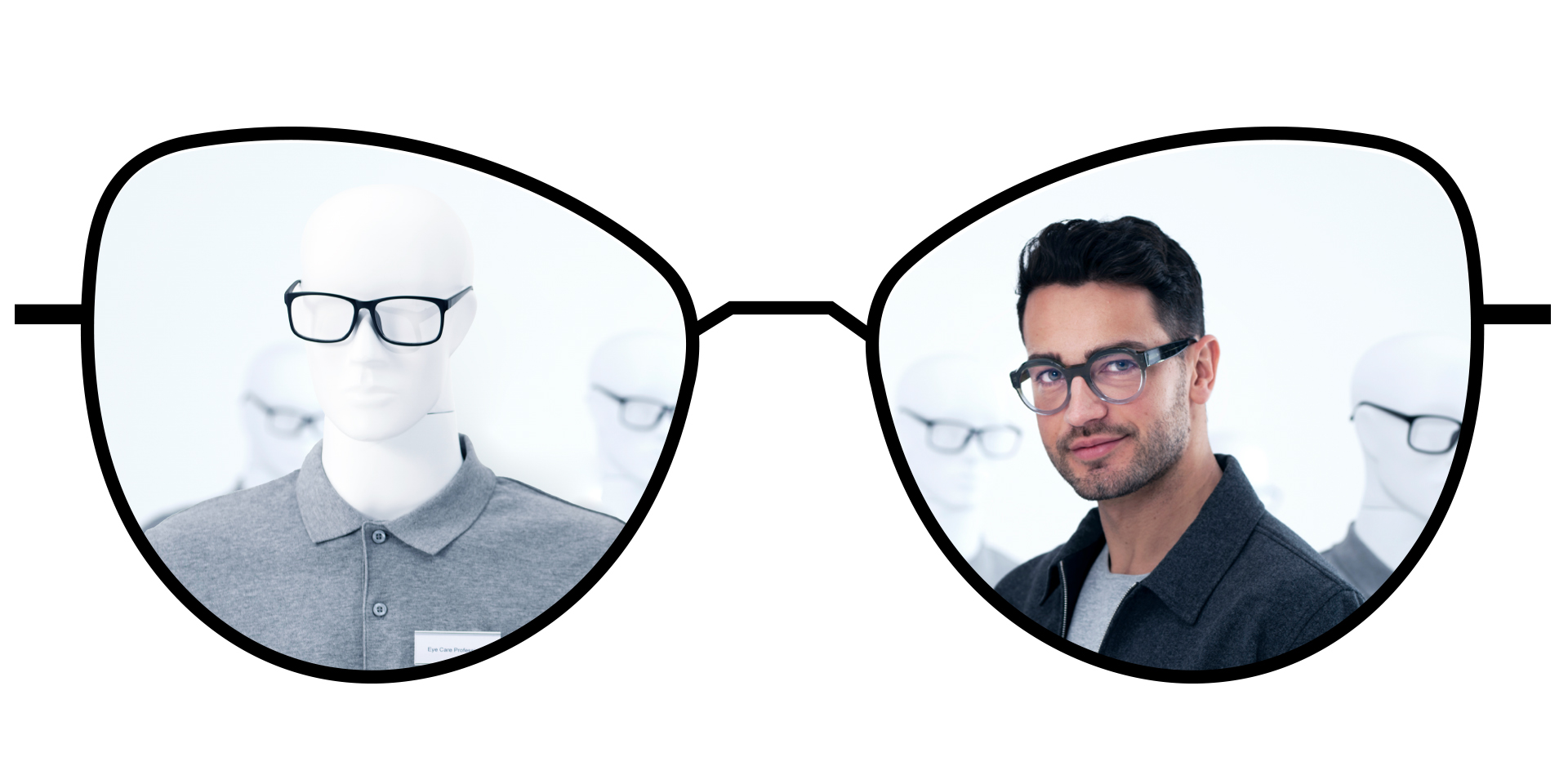 Glasses illustration showing the blurry zones of standard single vision lenses in comparison to the large clear zones of ZEISS ClearView single vision lenses.