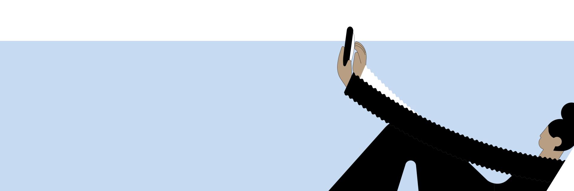 An illustration of a woman holding her smartphone with very long arms.