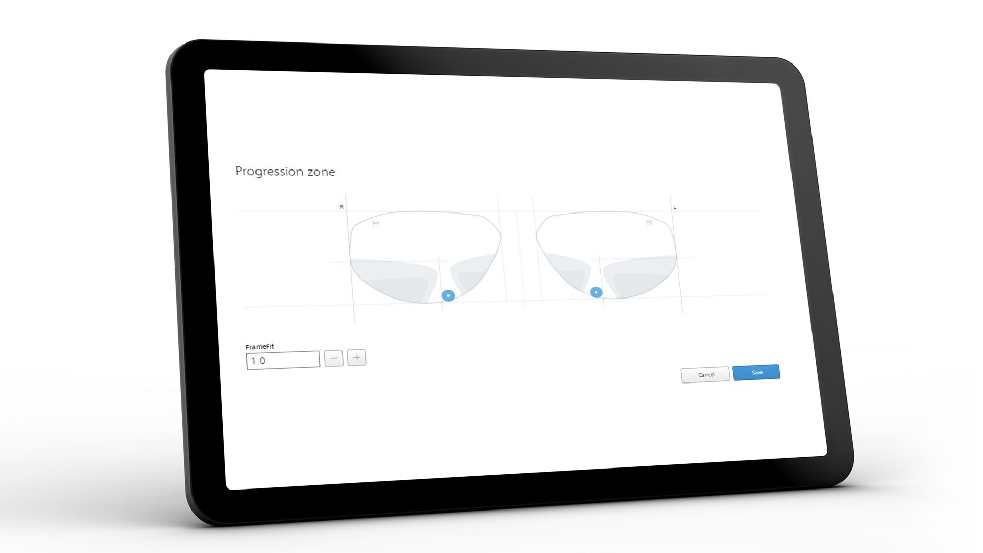 Tablet screen showing the ZEISS VISUSTORE interface for the progression zone 