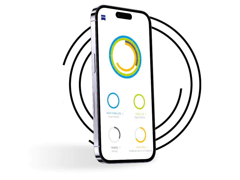 A smartphone in front of black rings shows the vision profile of a My Vision Profile user with differently coloured rings. 