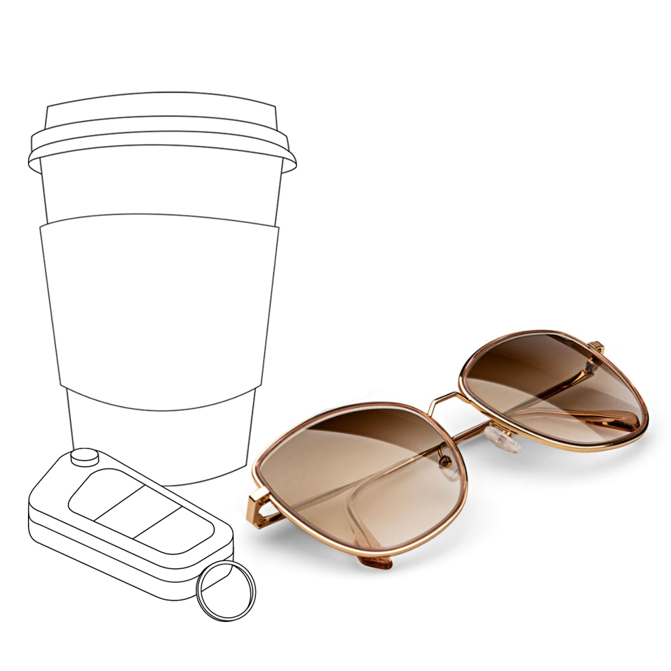 An illustrated coffee cup and car keys next to a real image of ZEISS sunlenses in brown gradient colour.