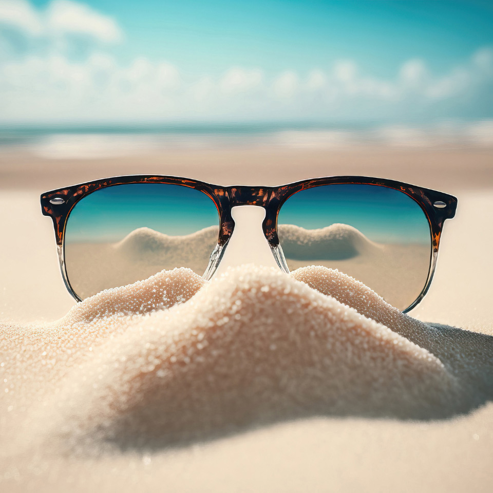 Sunglasses with a mirror effect stuck in sand on a beach.