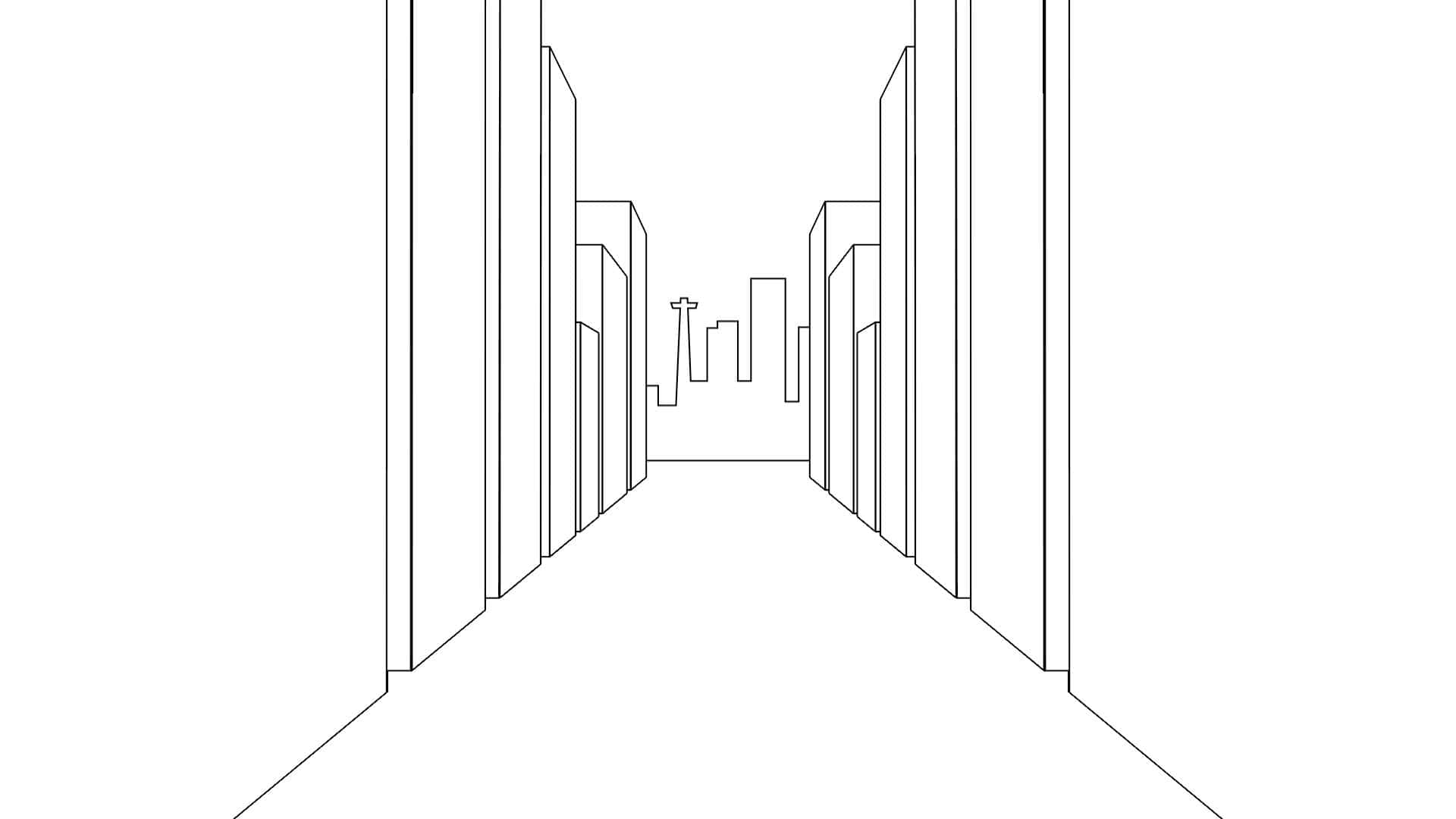 The point of view of someone walking through an illustrated city with a smartphone appearing.